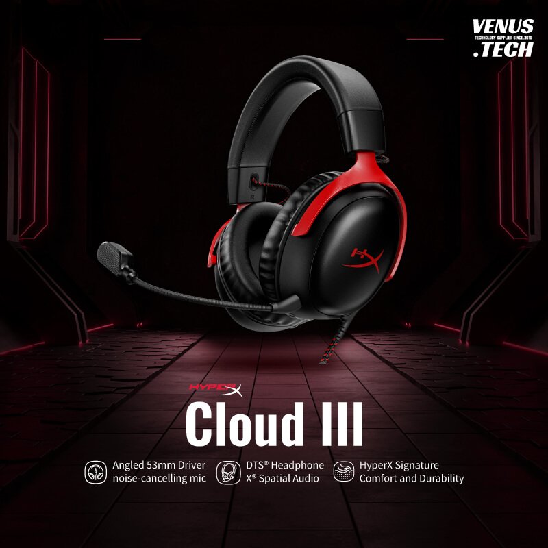 hyperx-h8 HyperX Cloud III - Wired Gaming Headset | PC | PS5 | Xbox Series X | S | Angled 53mm Drivers | DTS | Memory Foam | Durable Frame | Ultra-Clear 10mm Mic | USB-C | USB-A | 3.5mm | Black/Red - Image 1