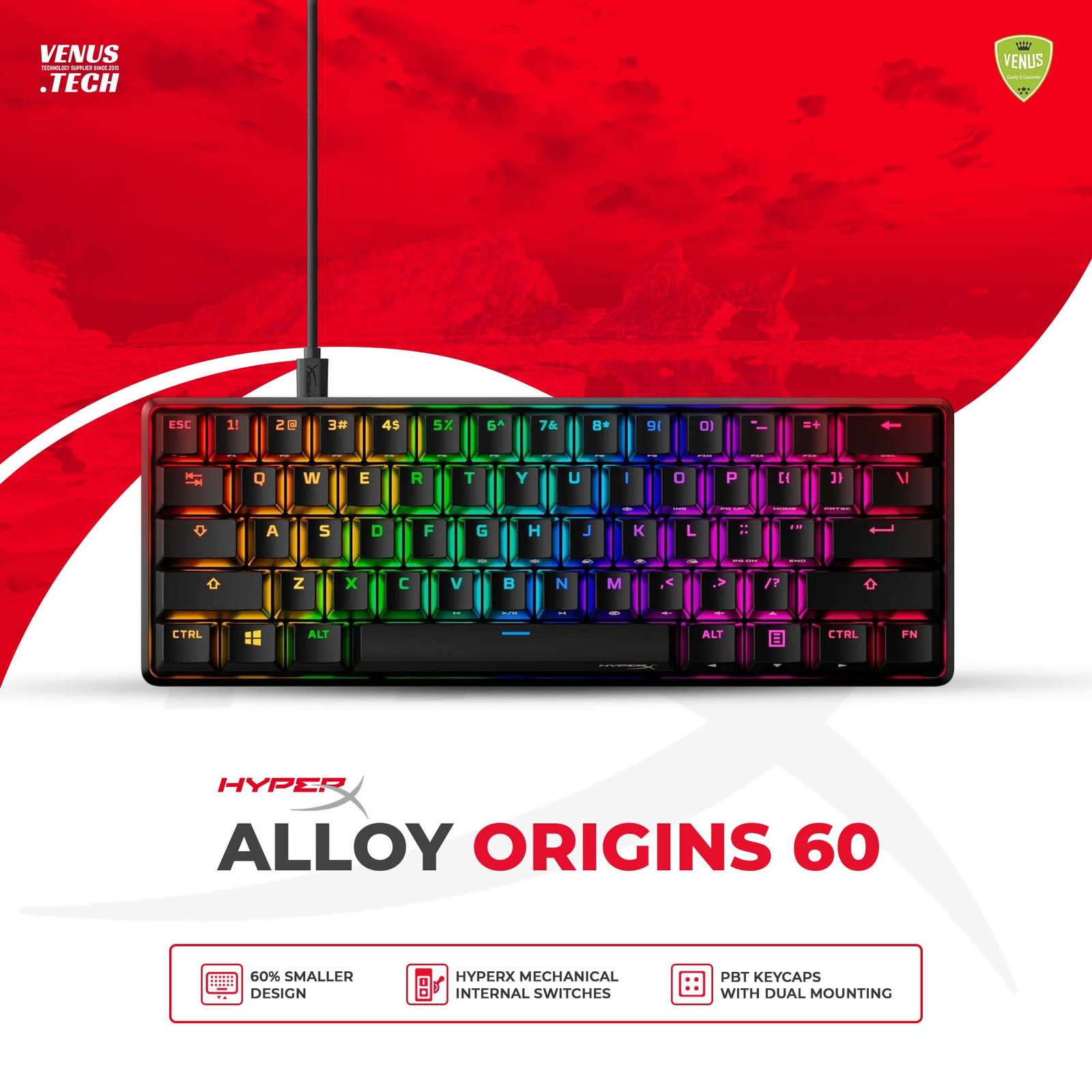 13 - Alloy Origins 60 HyperX Alloy Origins 60 - Mechanical Gaming Keyboard | Ultra Compact 60% Form Factor | Double Shot PBT Keycaps | RGB LED Backlit | NGENUITY Software Compatible | Linear HyperX Red Switch | Black - Image 1