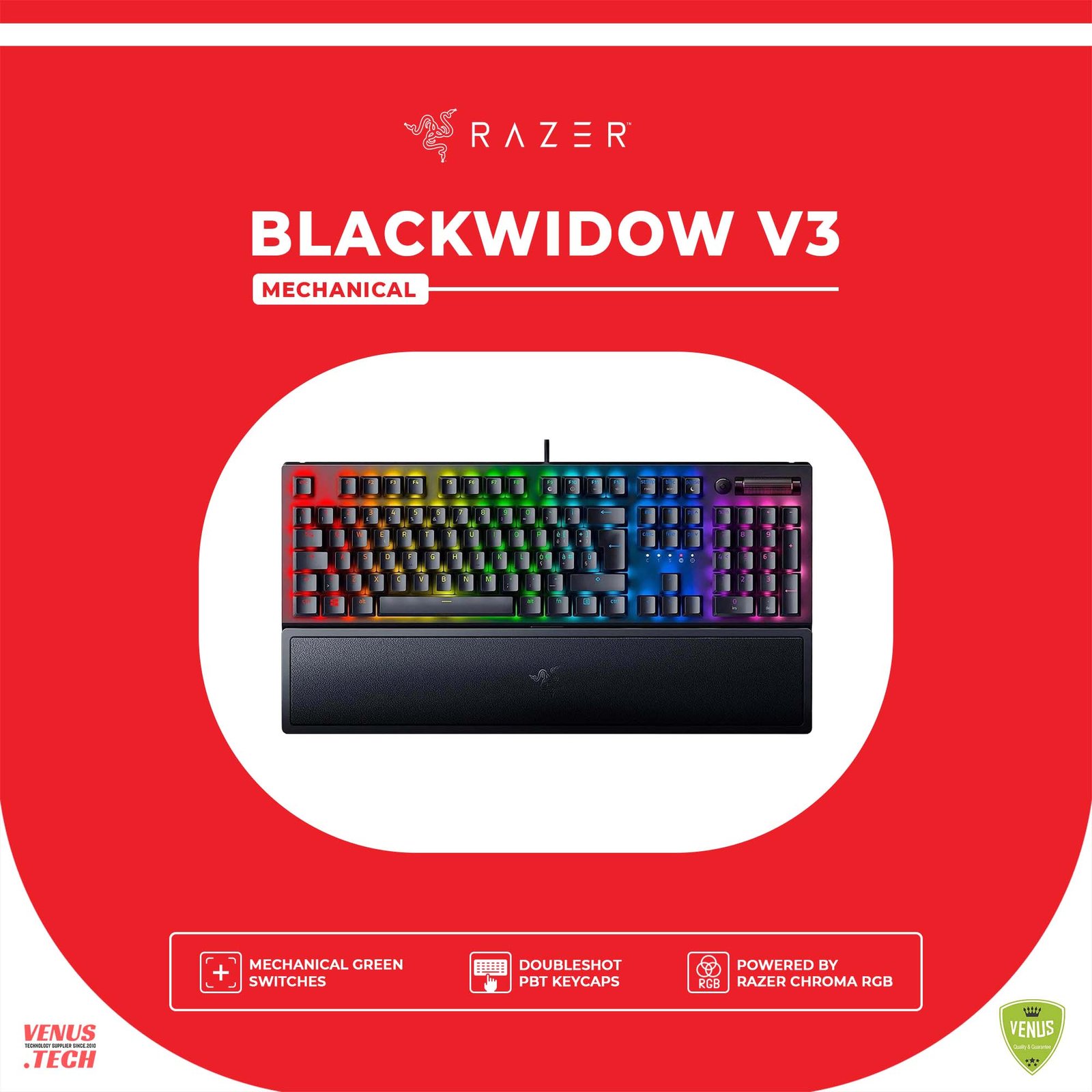 25 - BlackWidow V3 Mechanical Razer Blackwidow V3 - Black - Mechanical Gaming Keyboard with Chroma RGB - Green Switch - Rz03-03540100-R3M1, Wired - Image 1