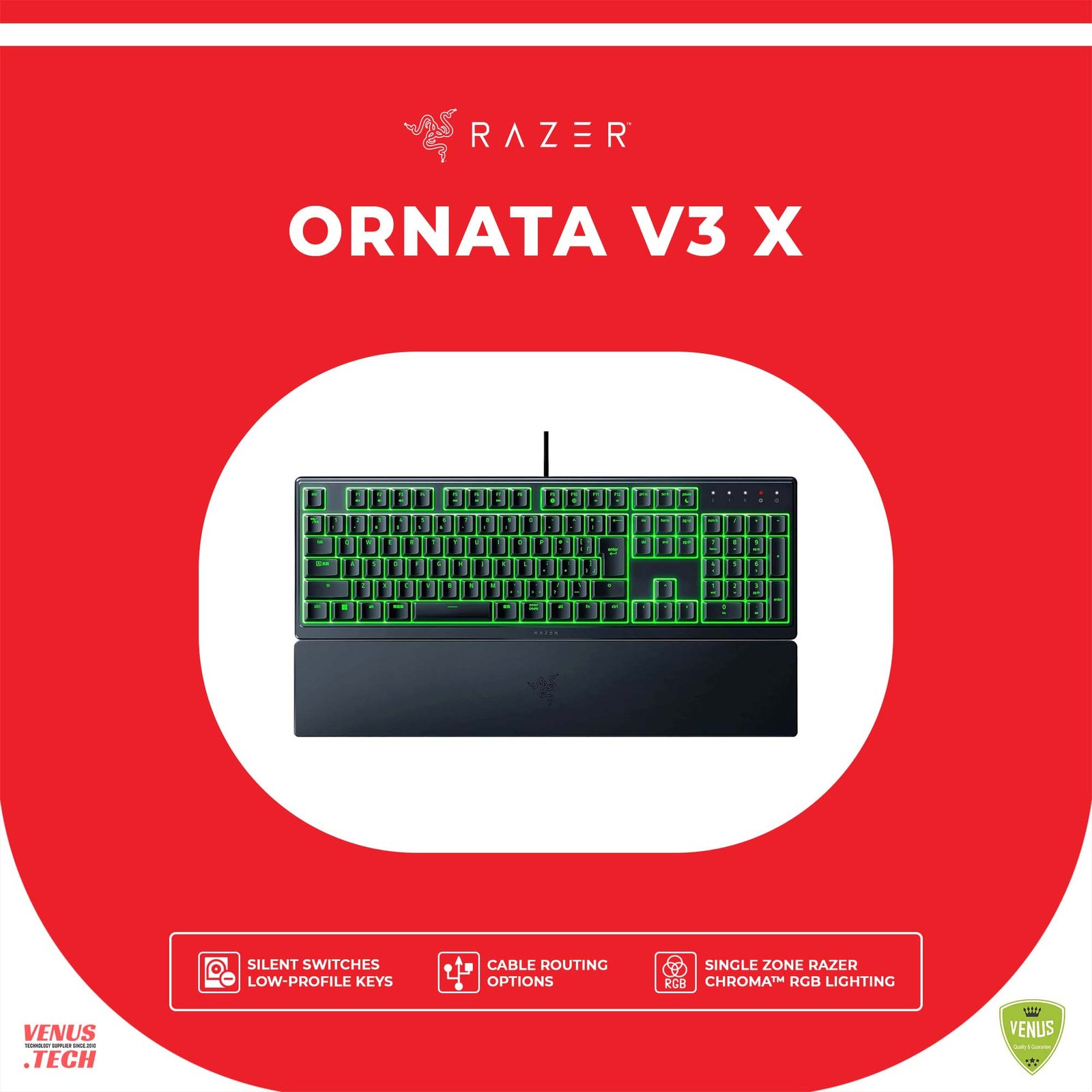 35 - Ornata V3 X Razer Ornata V3 X Gaming Keyboard: Low-Profile Keys - Silent Membrane Switches - UV-Coated Keycaps - Spill Resistant - Chroma RGB Lighting - Ergonomic Wrist Rest - Classic Black - RZ03-04470100-R3M1 - Image 1