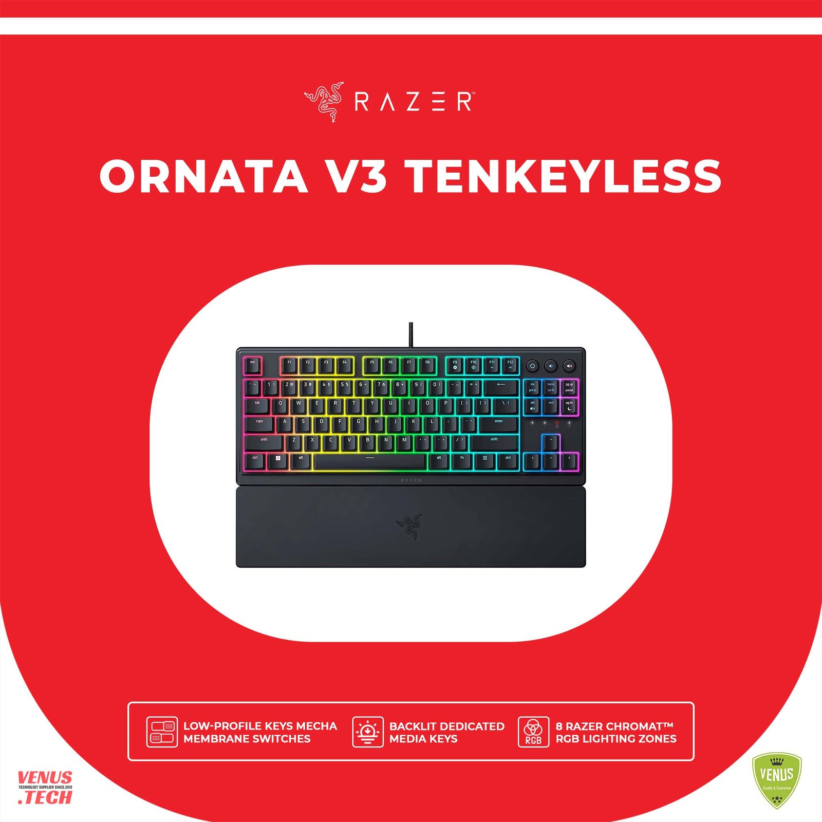 36 - Ornata V3 Tenkeyless Razer Ornata V3 Tenkeyless - Low Profile Gaming Mechanical Membrane Wired Keyboard-Black-RZ03-04880100-R3M1 - Image 1