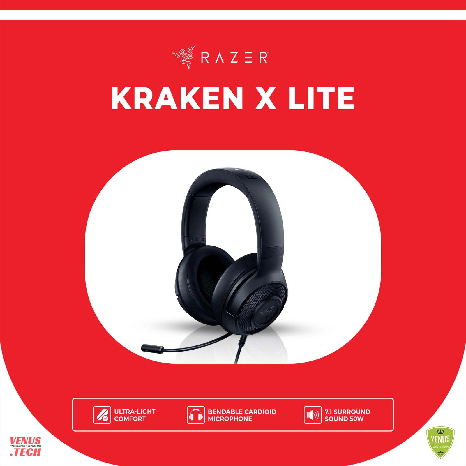39 - Kraken X Lite Razer Kraken X Lite Ultralight Gaming Headset: 7.1 Surround Sound - Lightweight Aluminum Frame - Bendable Cardioid Microphone - for PC, PS4, PS5, Switch, Xbox One, Xbox Series X & S, Mobile - Black - Image 1