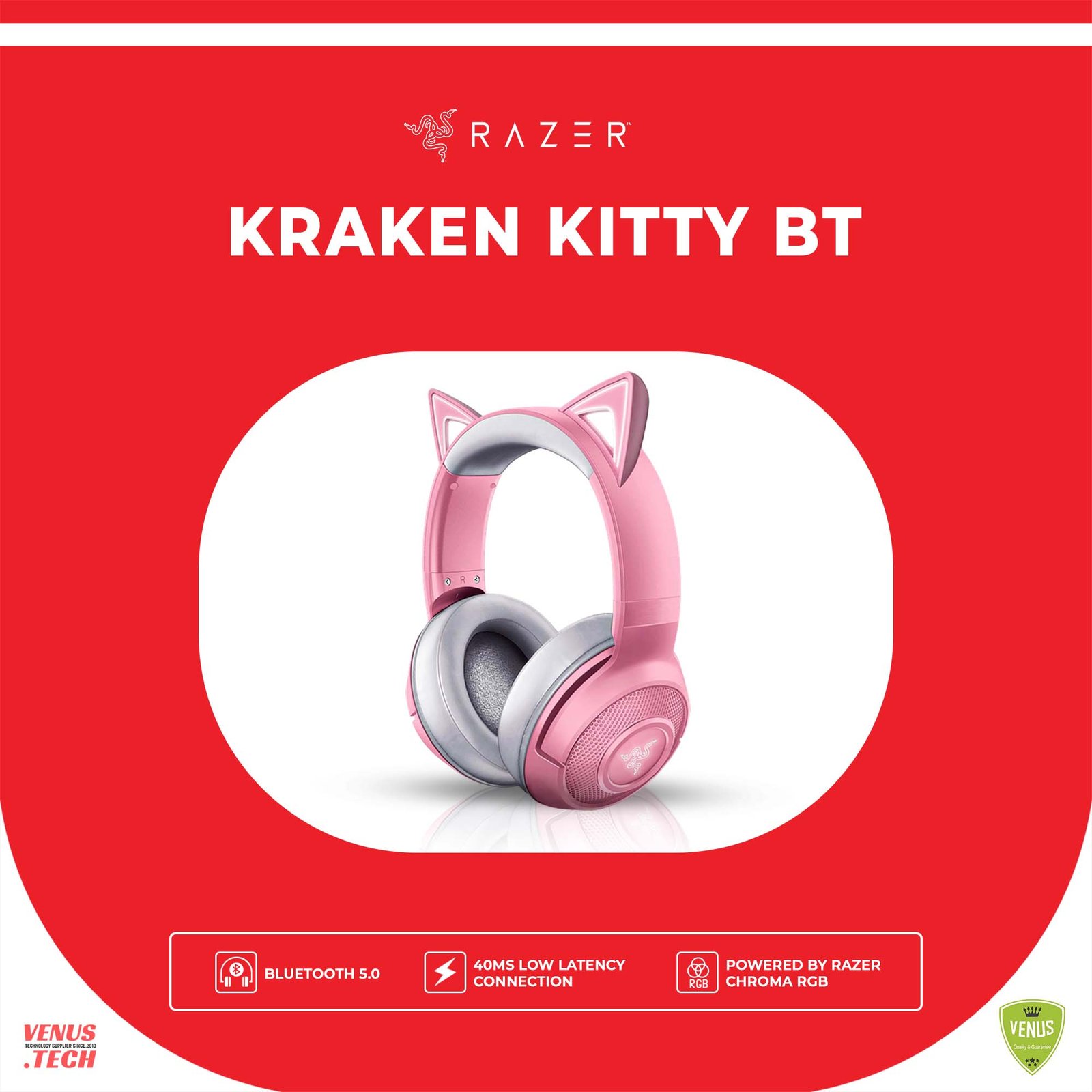 41 - Kraken Kitty BT Razer Kraken BT Kitty Edition | Bluetooth 5.0 | 40ms Low Latency Connection | Custom-Tuned 40mm Drivers | Beamforming Microphone | Powered Chroma | Quartz Pink - Image 1