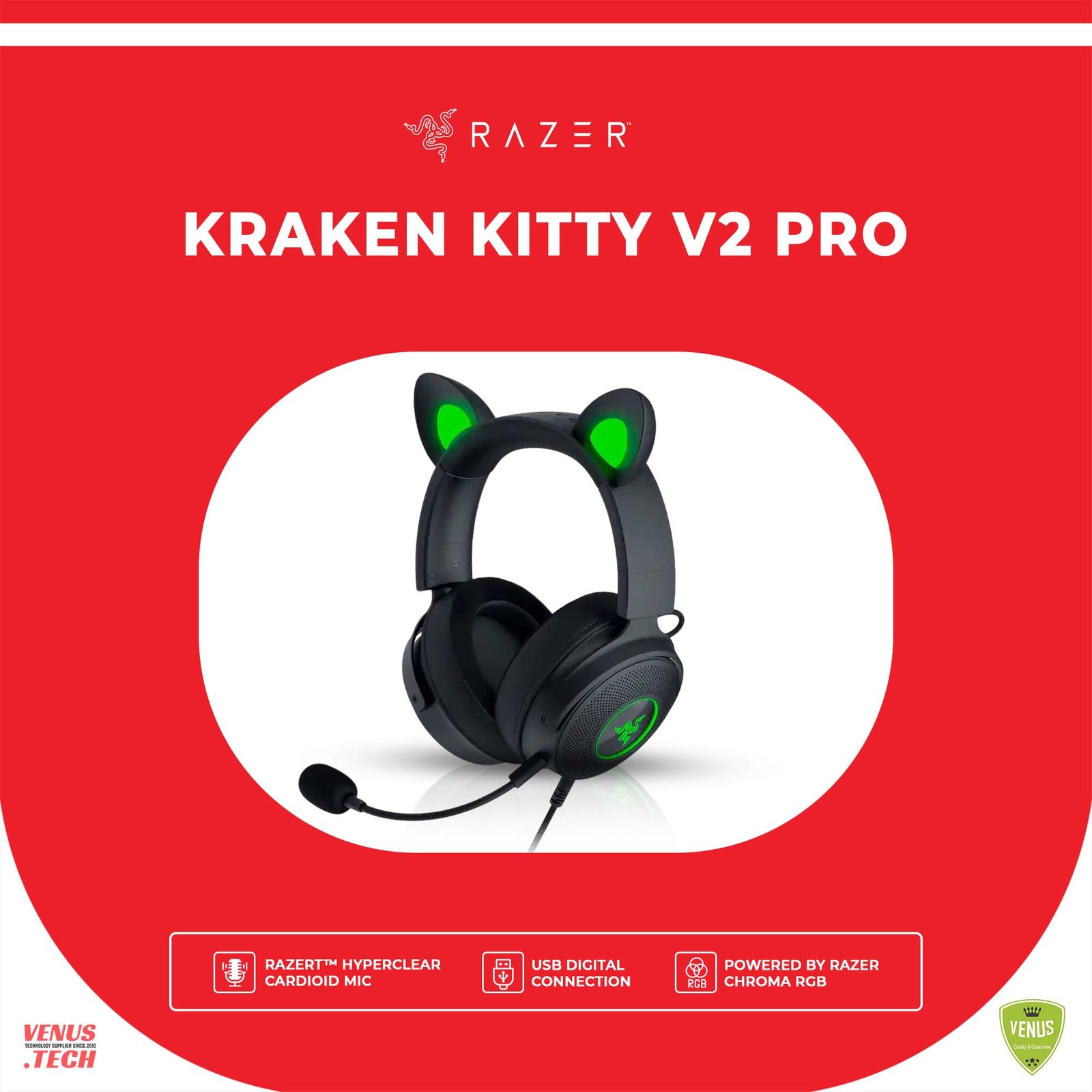 42 - Kraken Kitty V2 Pro Razer Kraken Kitty V2 Pro Wired RGB Headset: Interchangeable Ears (Kitty, Bear, Bunny) - Stream Reactive Lighting - Detachable HyperClear Cardioid Mic - 50mm Drivers - 7.1 Surround Sound - Black - Image 1
