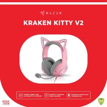 Razer Kraken Kitty V2 - Wired RGB Headset with Kitty Ears (Stream Reactive Lighting, HyperClear Cardioid Mic, Triforce 40mm Drivers, 7.1 Surround Sound) Quartz Pink-RZ04-04730200-R3M1