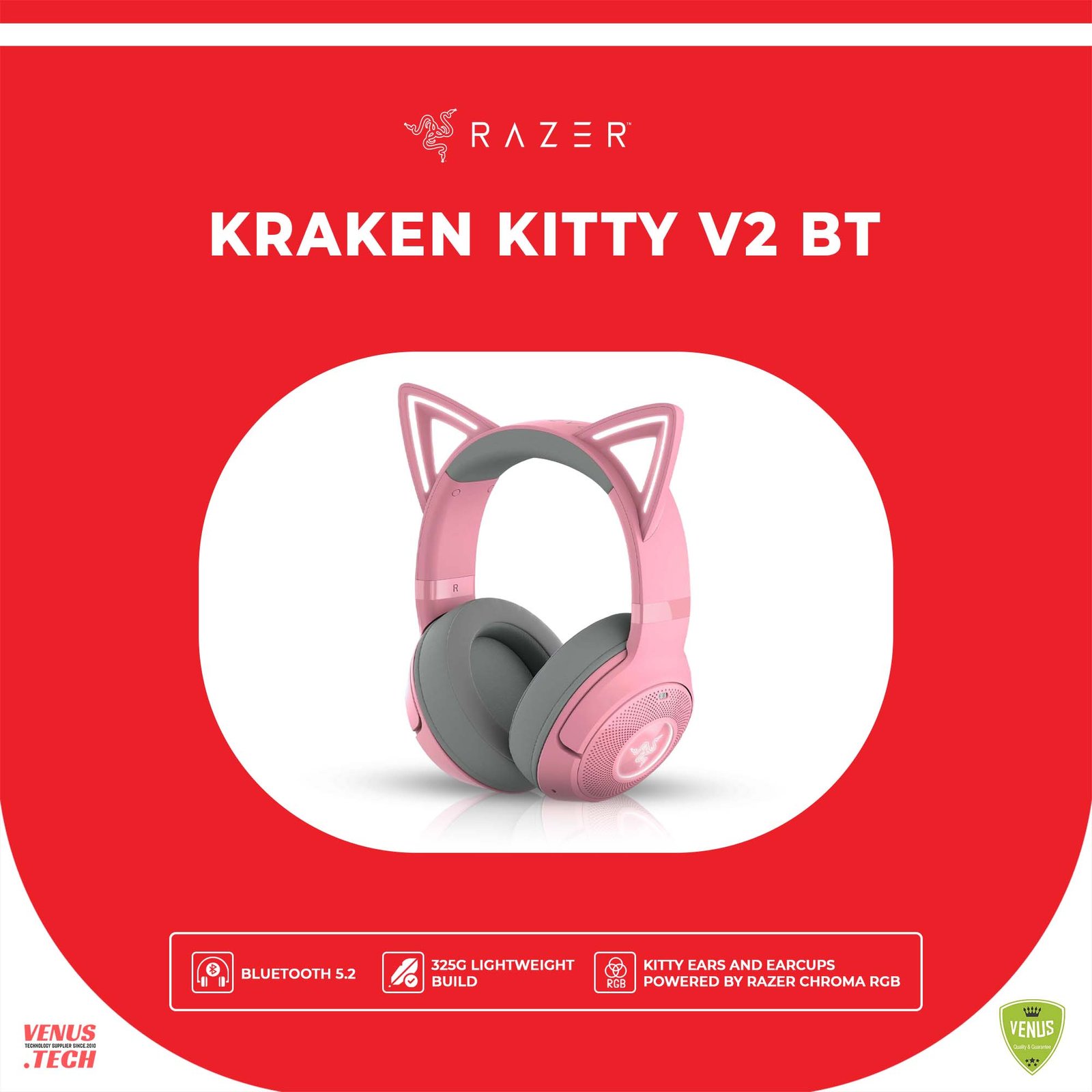45 - Kraken Kitty V2 BT Razer Kraken Kitty V2 BT Wireless RGB Headset | Chroma RGB Kitty Ears & Earcups | Bluetooth 5.2-40 mm Drivers | Noise-Cancelling Mics | Lightweight | 40 Hr Battery w/Type C Charging | Quartz Pink - Image 1
