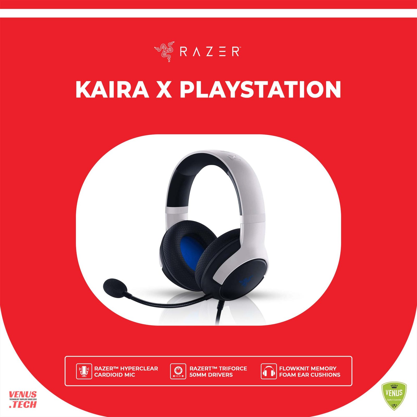56 - KAIRA X PLAYSTATION Razer Kaira X Wired Gaming Headset for Playstation 5 / PS5, PS4, PC, Mac, Mobile: 50mm Drivers - HyperClear Cardioid Mic - Memory Foam Cushions - On-Headset Controls - White & Black - Image 1