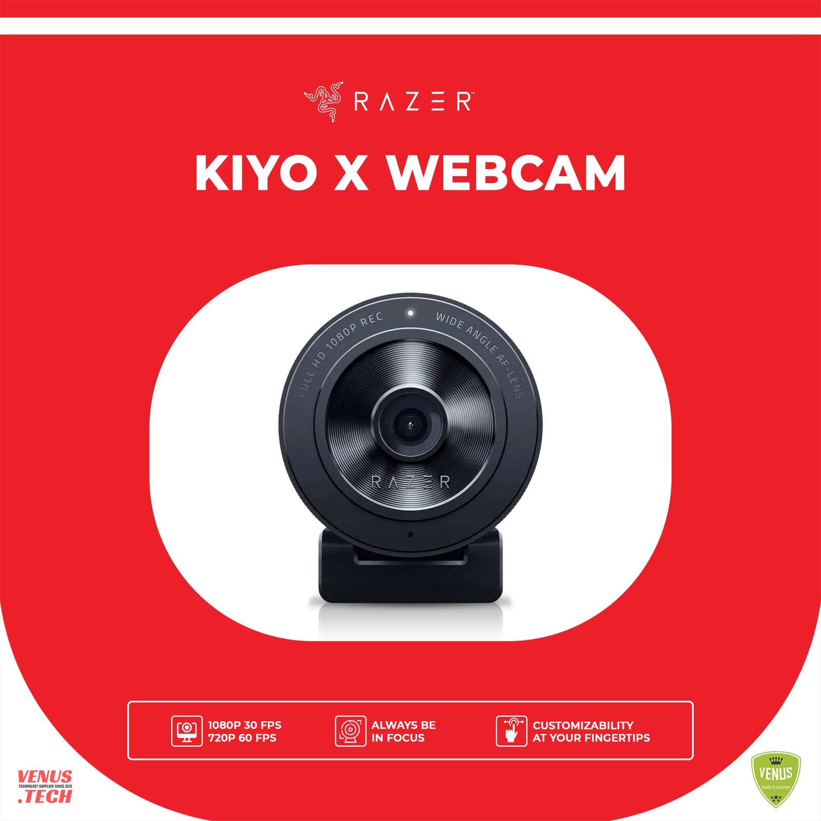 76 - KIYO X WEBCAM_ Razer Kiyo X Full HD Streaming Optical Zoom 3X Webcam: 1080p 30FPS or 720p 60FPS, Black - Image 1