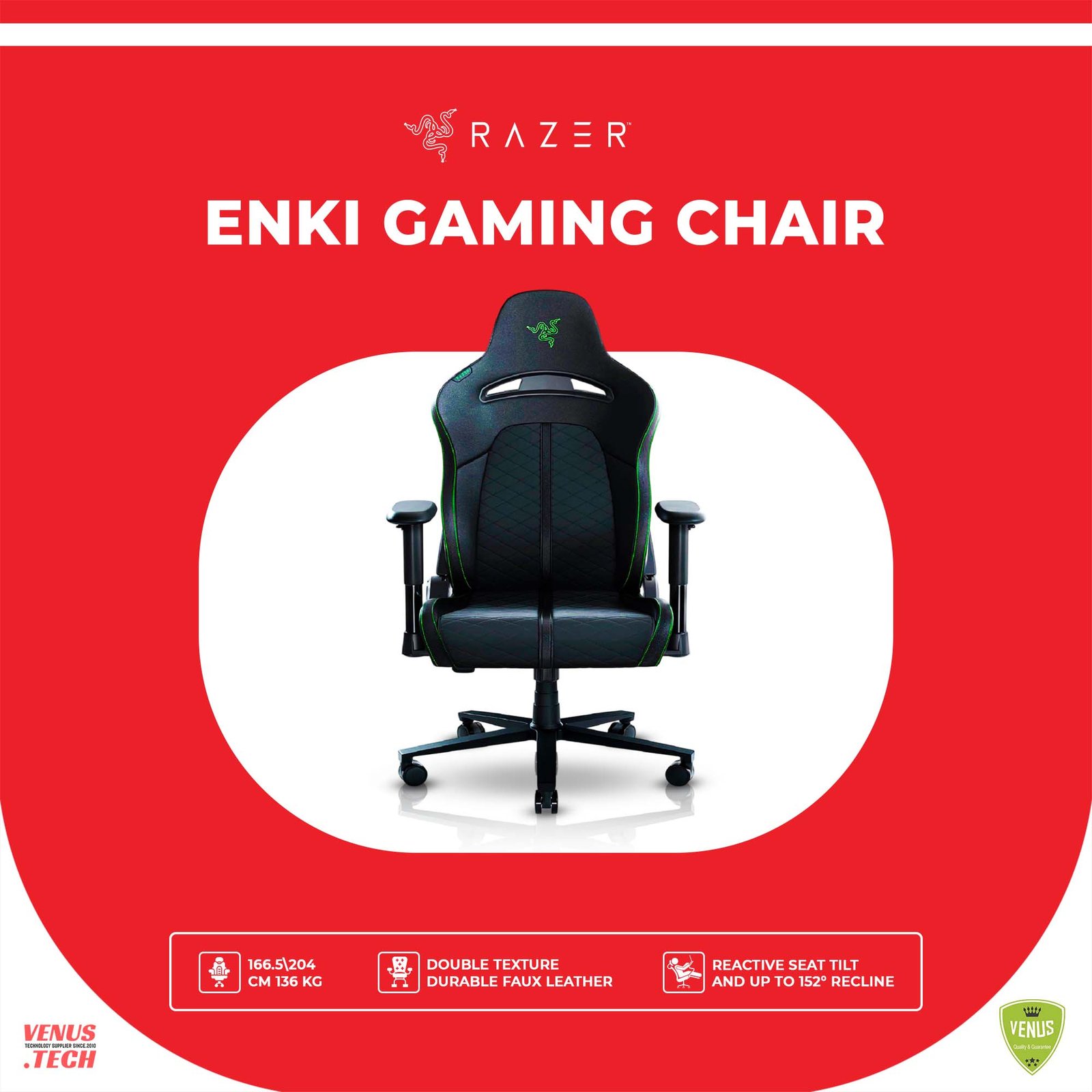 80 - Enki Gaming Chair Razer Enki Gaming Chair: All-Day Gaming Comfort - Built-in Lumbar Arch - Optimized Cushion Density - Dual-Textured, Eco-Friendly Synthetic Leather - Reactive Seat Tilt & 152-Degree Recline - Black - Image 1